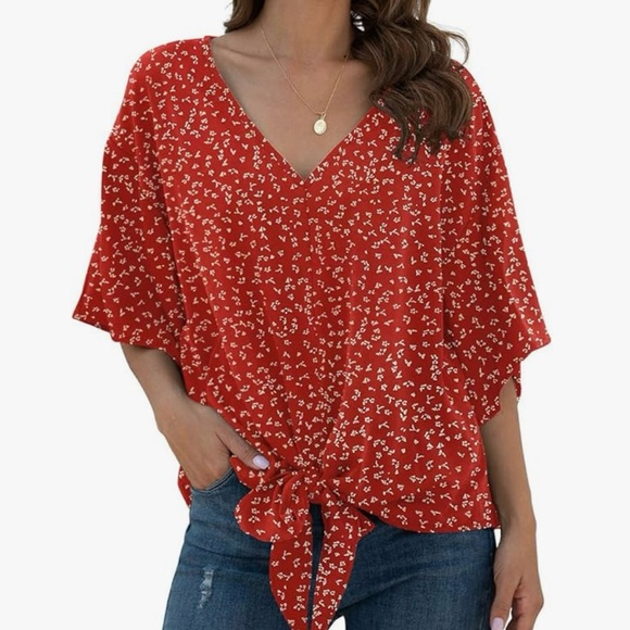 Women’s Tie Front Floral Chiffon V-Neck Top – Red Boho Peasant Blouse, 2XL - Picture 1 of 17
